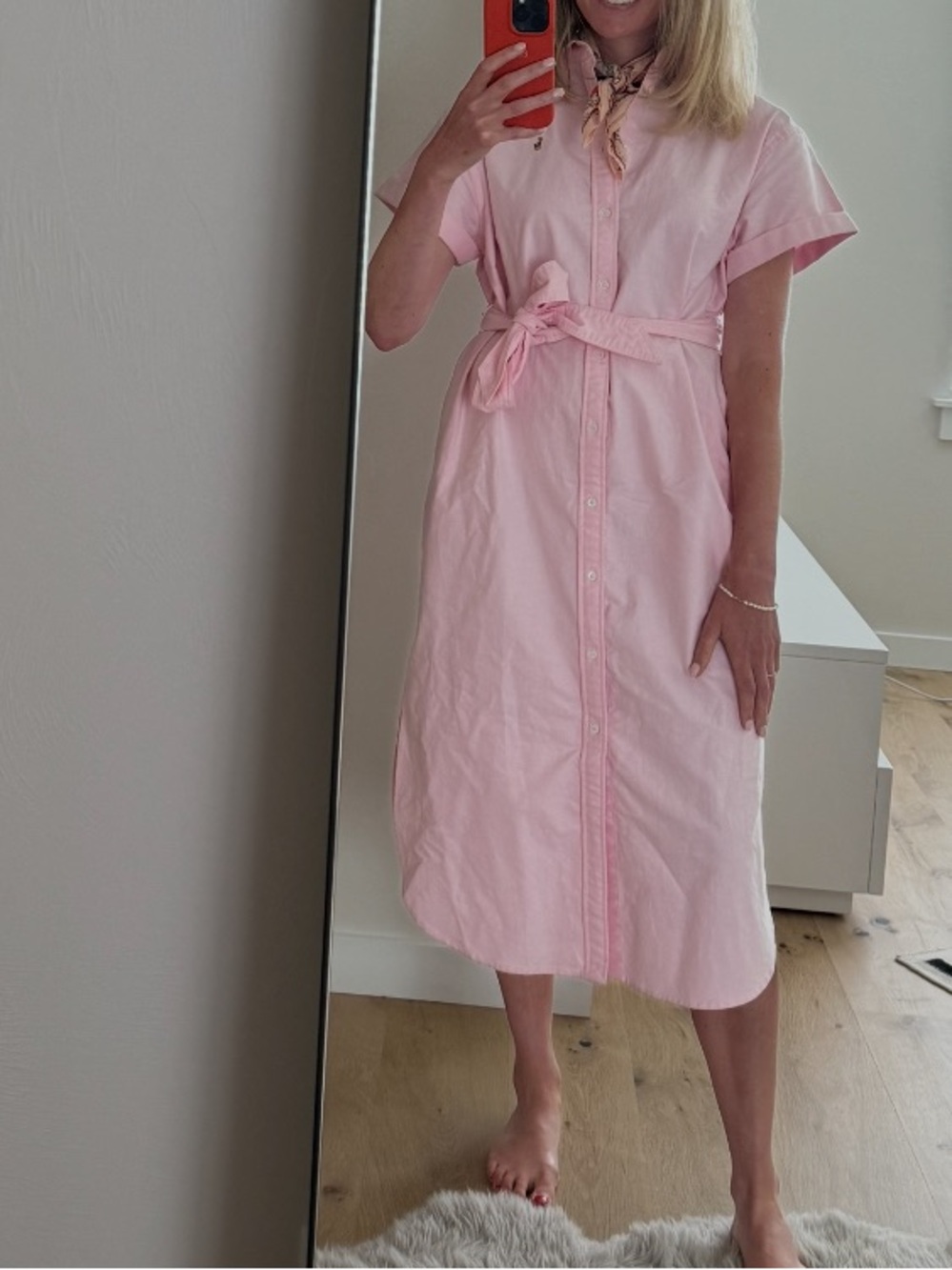 Polo by Ralph Lauren Light Pink Button-Front Midi Shirt Dress with Tie